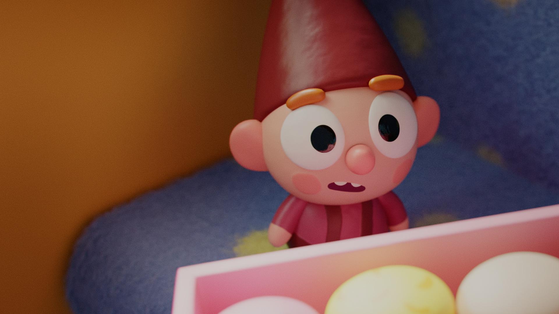 Der kleine Wichtel Bob trägt eine rote Zipfelmütze und schaut mit seinen kugelrunden Augen auf eine Schachtel voller bunter Muffins. Seine Wangen sind rosig und sein Blick ist voller Staunen.