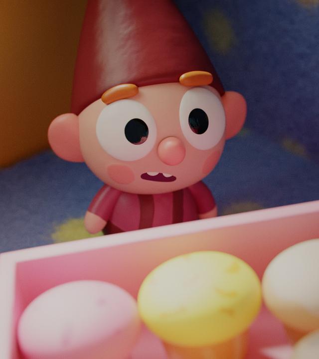 Der kleine Wichtel Bob trägt eine rote Zipfelmütze und schaut mit seinen kugelrunden Augen auf eine Schachtel voller bunter Muffins. Seine Wangen sind rosig und sein Blick ist voller Staunen.