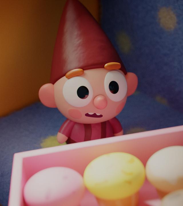 Der kleine Wichtel Bob trägt eine rote Zipfelmütze und schaut mit seinen kugelrunden Augen auf eine Schachtel voller bunter Muffins. Seine Wangen sind rosig und sein Blick ist voller Staunen.