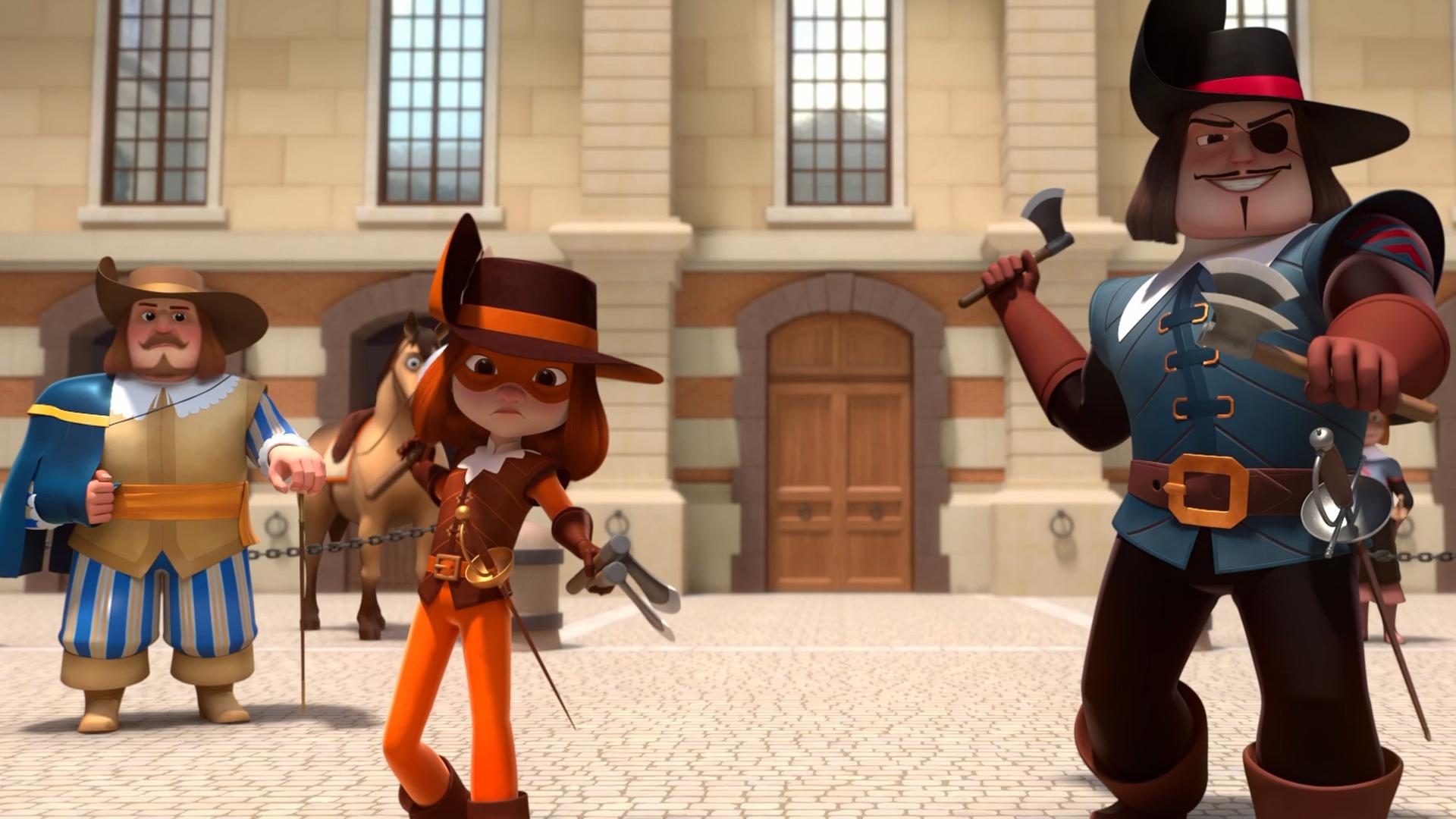 D'Artagnan und Hauptmann Rochefort stehen in Wurfpose nebeneinander auf einem gepflasterten Platz vor einem großen Gebäude. Sie halten beide ihren rechten Arm nach hinten, in deren Hand sich jeweils eine Axt befindet. Die linke Hand strecken beide nach vorne. Auch dort befindet sich eine Axt. D'Artagnan schaut angestrengt und mit ernstem Blick nach vorne. Hauptmann Rochefort lächelt fies. Im Hintergrund befinden sich de Treville, der skeptisch zu den beiden blickt und daneben das Pferd von D'Artagnan.