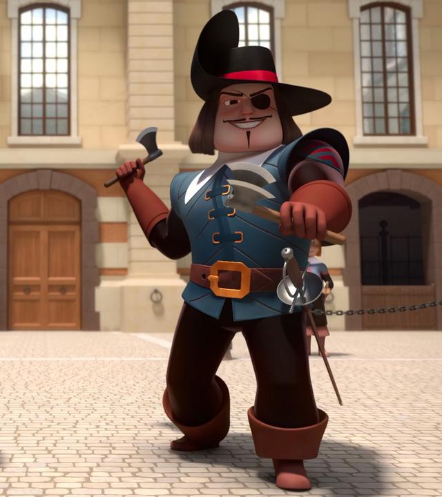 D'Artagnan und Hauptmann Rochefort stehen in Wurfpose nebeneinander auf einem gepflasterten Platz vor einem großen Gebäude. Sie halten beide ihren rechten Arm nach hinten, in deren Hand sich jeweils eine Axt befindet. Die linke Hand strecken beide nach vorne. Auch dort befindet sich eine Axt. D'Artagnan schaut angestrengt und mit ernstem Blick nach vorne. Hauptmann Rochefort lächelt fies. Im Hintergrund befinden sich de Treville, der skeptisch zu den beiden blickt und daneben das Pferd von D'Artagnan.