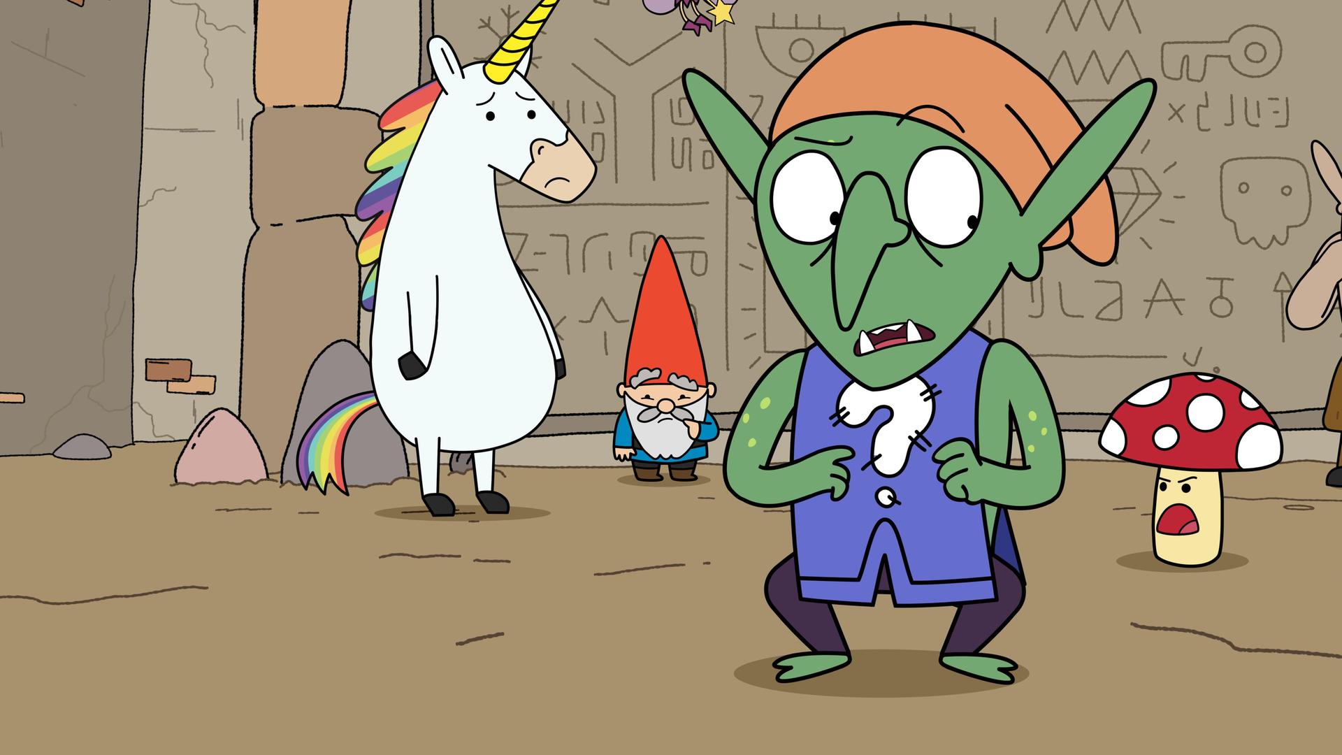 In einer Ruine stehen die fünf Helden ratlos und zweifelnd mit dem Rücken zu einer steinernen Tafel mit Hieroglyphen und verschiedenen Zeichnungen. Tupfen brüllt den Wächter Neville an, einen grünen Kobold, der vor der Gruppe steht, und der wegen Tupfens Gebrüll zusammenzuckt und leicht nach hinten schaut.