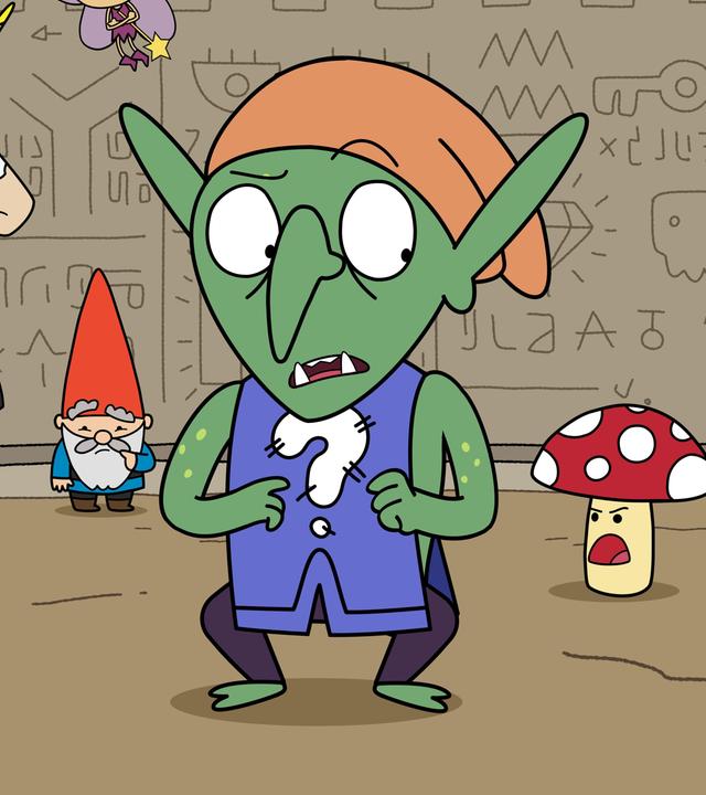 In einer Ruine stehen die fünf Helden ratlos und zweifelnd mit dem Rücken zu einer steinernen Tafel mit Hieroglyphen und verschiedenen Zeichnungen. Tupfen brüllt den Wächter Neville an, einen grünen Kobold, der vor der Gruppe steht, und der wegen Tupfens Gebrüll zusammenzuckt und leicht nach hinten schaut.