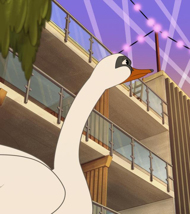 Ein Schwan schaut von unten nach oben zu einem Haus, das mit Lichterketten und Scheinwerfern hell beleuchtet ist.