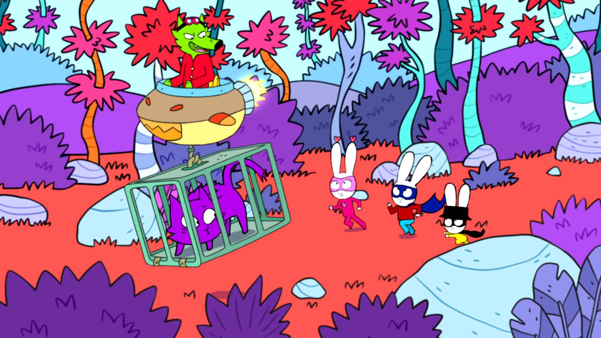 In der Fantasiewelt laufen Super-Lou, Superhase und Captain Hase hinter Professor Wolf her. Professor Wolf schwebt in seinem Raumschiff über ihnen und schaut alle drei hämisch an. Unter dem Raumschiff von Professor Wolf hängt ein Käfig. In dem hängenden Käfig befindet sich eine verängstigte Katze.