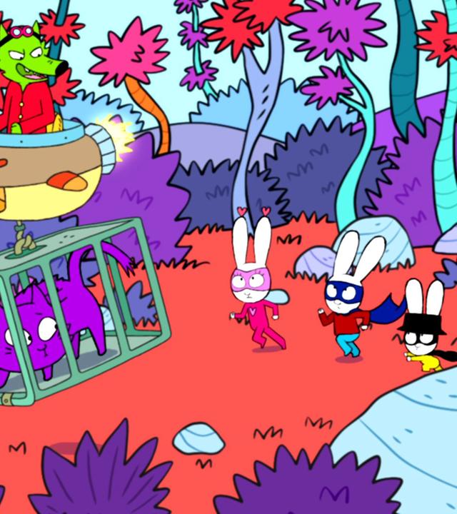 In der Fantasiewelt laufen Super-Lou, Superhase und Captain Hase hinter Professor Wolf her. Professor Wolf schwebt in seinem Raumschiff über ihnen und schaut alle drei hämisch an. Unter dem Raumschiff von Professor Wolf hängt ein Käfig. In dem hängenden Käfig befindet sich eine verängstigte Katze.