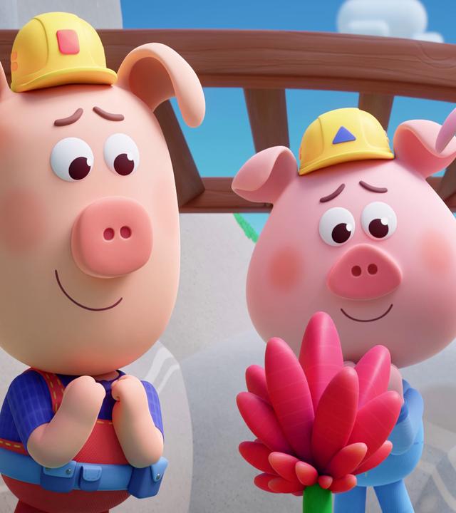 Drei Schweinchen mit Latzhosen und Bauarbeiter-Helmen - die so genannten Werkel-Ferkel - stehen um eine kleine, pinkfarbene Blume herum, und bewundern sie von allen Seiten. Sie sind ganz angetan von der Schönheit der Blume.