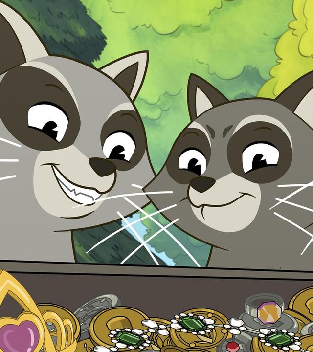 Die drei Waschbären Asta, Stine und Cally schauen auf eine geöffnete Kiste. Sie blicken neugierig grinsend und mit großen Augen darauf. Die Kiste ist gefüllt mit goldfarbenen und silberfarbenen Gegenständen. Dazu gehören Ringe, ein Diadem und Münzen.