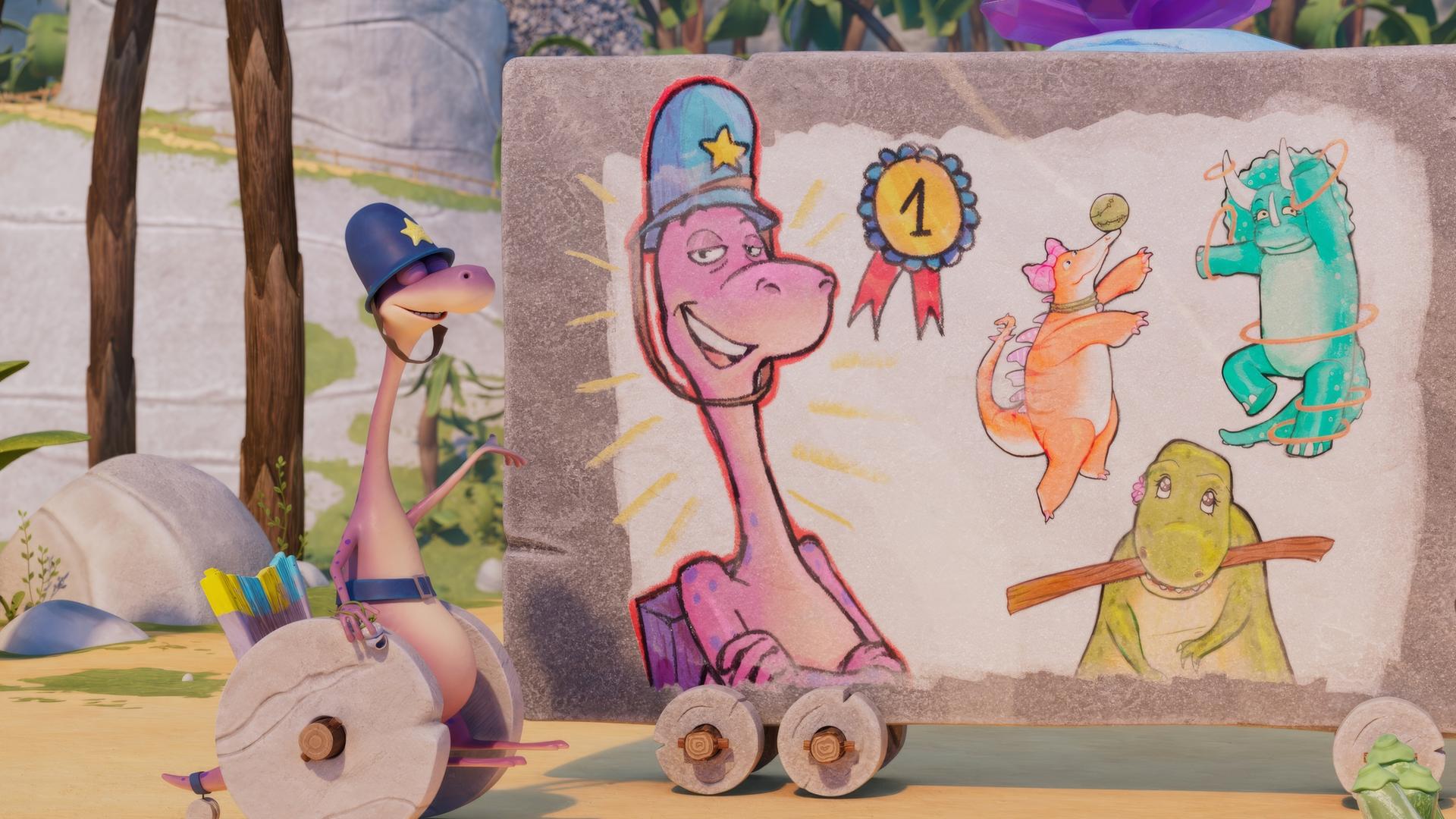 Wachtmeister Paleowsky, ein Dinosaurier mit Polizeihelm, der in einer Art Steinzeitrollstuhl sitzt, zeigt auf eine Werbe-Tafel, auf der spielende Dino-Haustiere abgebildet sind. Er selbst ist auch abgebildet mit einem Orden, auf dem die Nummer eins zu sehen ist.
