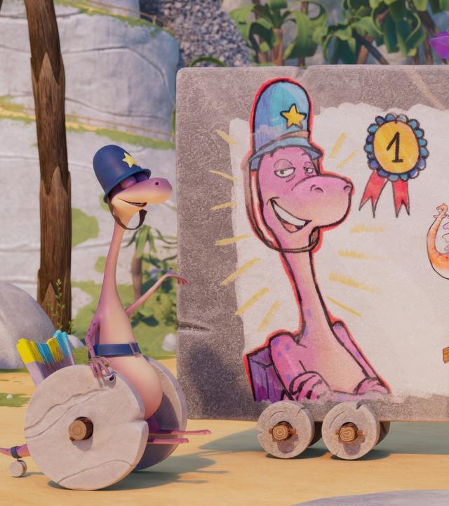 Wachtmeister Paleowsky, ein Dinosaurier mit Polizeihelm, der in einer Art Steinzeitrollstuhl sitzt, zeigt auf eine Werbe-Tafel, auf der spielende Dino-Haustiere abgebildet sind. Er selbst ist auch abgebildet mit einem Orden, auf dem die Nummer eins zu sehen ist.