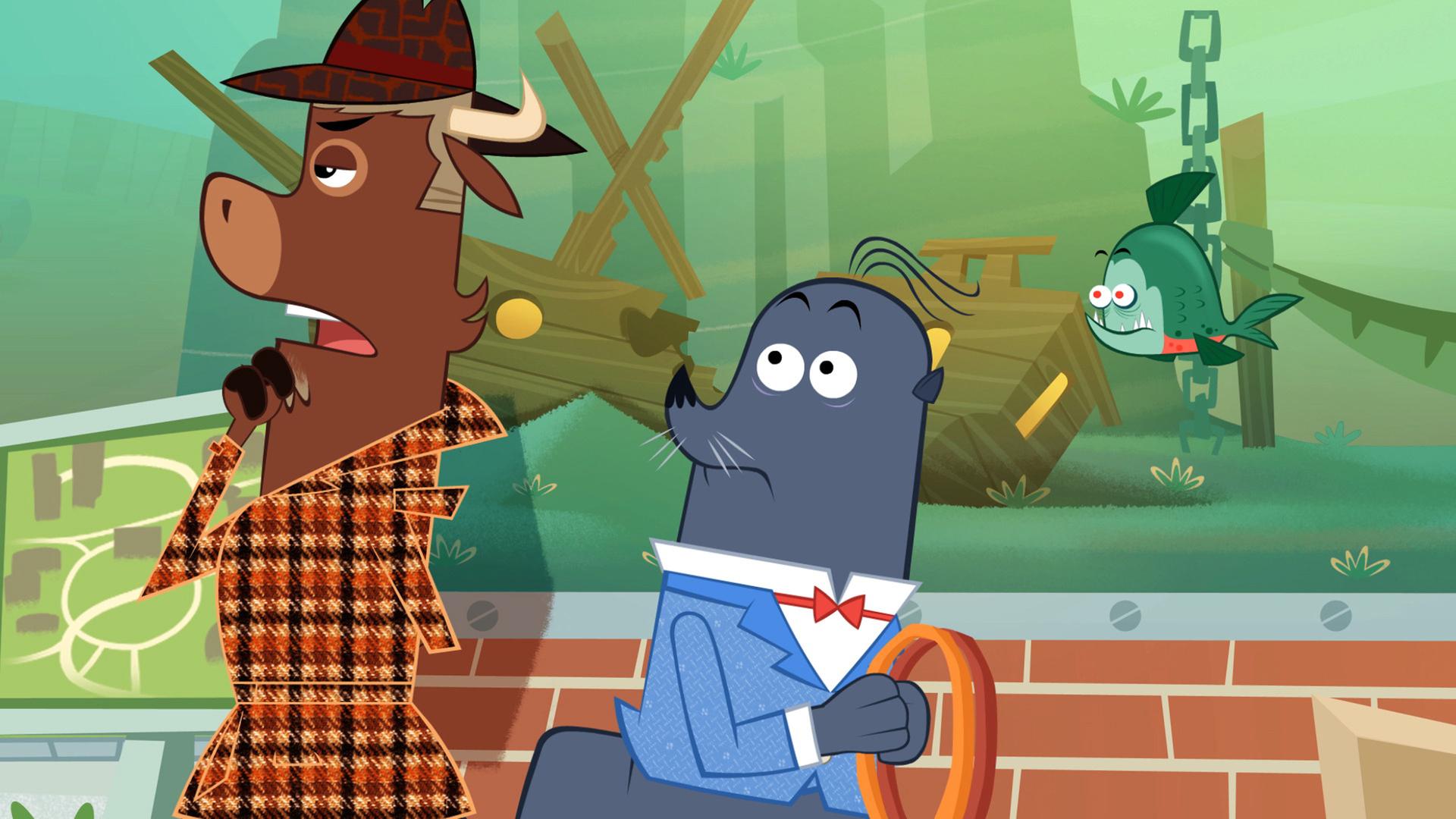 Sherlock Yack denkt angestrengt nach. Der Seehund und der Piranha beobachten ihn dabei. Die Atmopshäre ist angespannt.