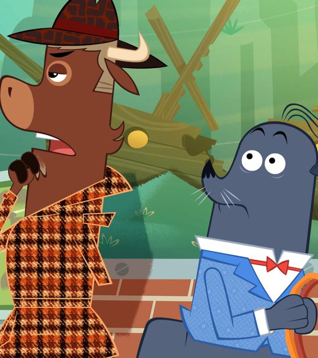 Sherlock Yack denkt angestrengt nach. Der Seehund und der Piranha beobachten ihn dabei. Die Atmopshäre ist angespannt.