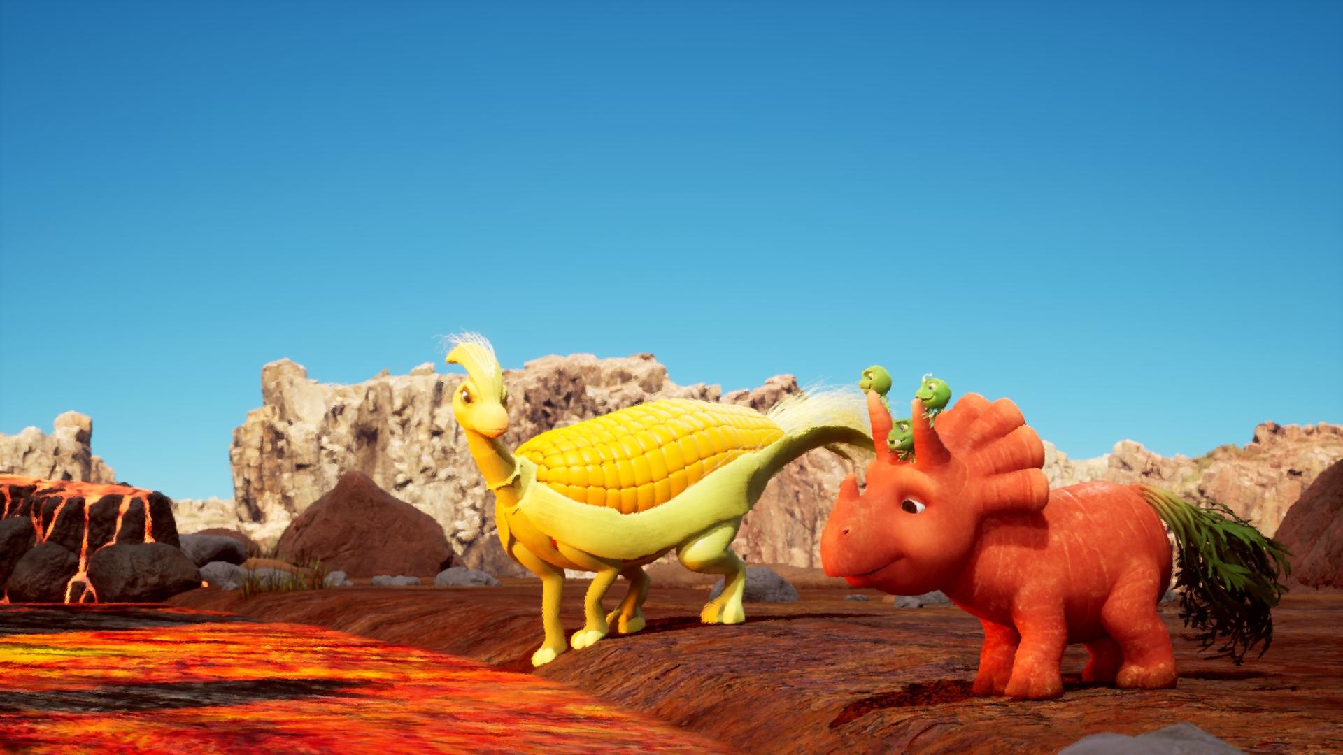 Ein gelber Dinosaurier, dessen Körper ein Maiskolben ist, schaut lächelnd zu Ginger, die neben ihm steht. Ginger ist ein Dinosaurier-Mädchen, das einer Karotte ähnelt. Im Hintergrund fließt ein kleiner, rotglühender Lavastrom.
