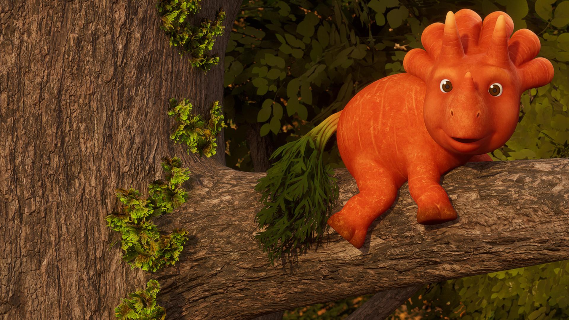 Ginger liegt mit dem Bauch auf einem dicken Ast in einem hohen Baum und hält sich mit ihren vier Beinen fest. Das Trikarottops-Mädchen ist so hoch geklettert und kommt nicht mehr alleine herunter.