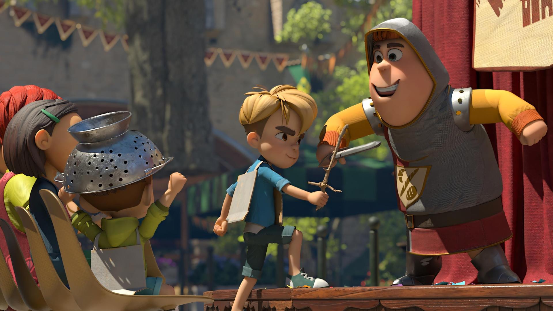 Auf einer mittelalterlich gestalteten Bühne kämpfen, als Ritter verkleidet, Raphael und Samson mit Schwertern gegeneinander. Daneben stehen Bohnenstange und Lina, ebenso verkleidet. Im Vordergrund eine Reihe mit Sitzen für Zuschauer.