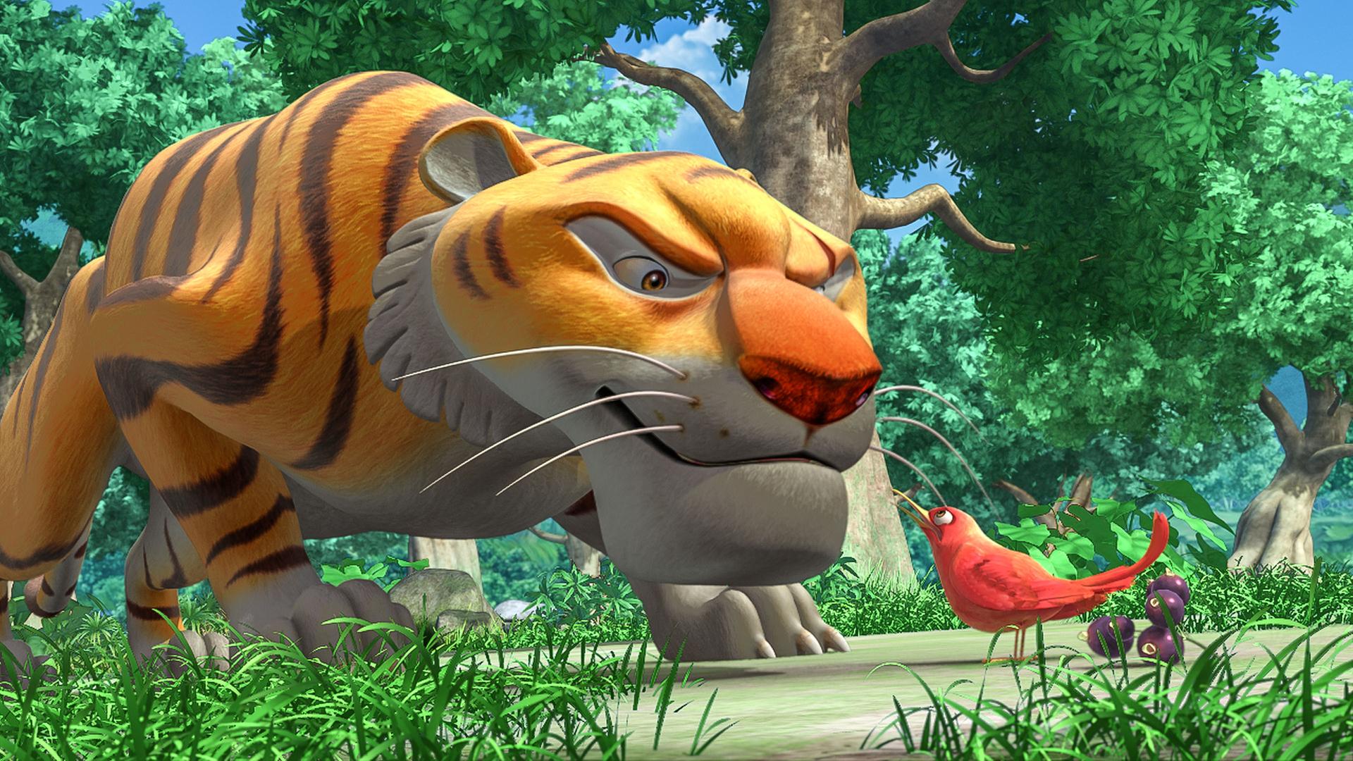 Shir Khan steht angriffslustig vor dem kleinen Vogel Darsi.