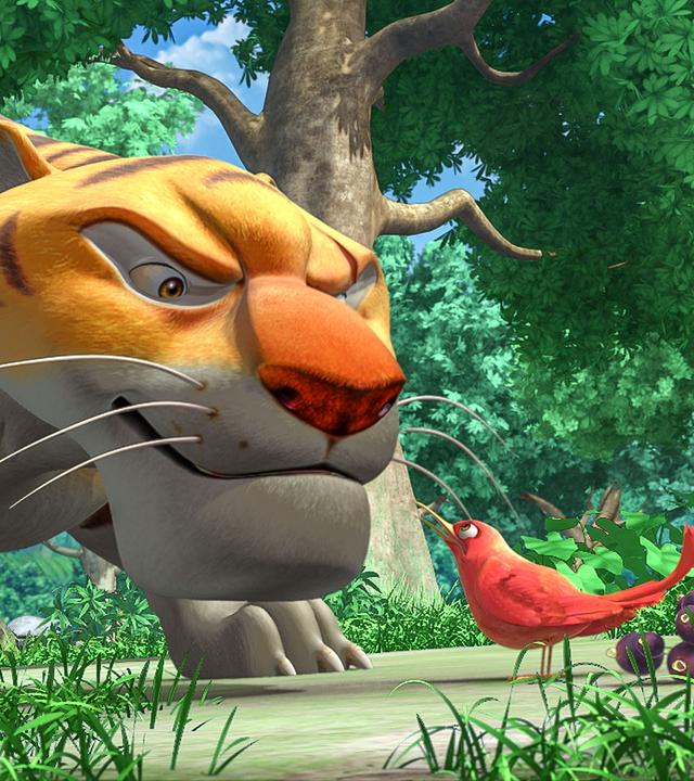 Shir Khan steht angriffslustig vor dem kleinen Vogel Darsi.