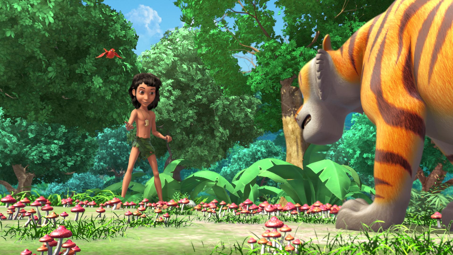 Shir Khan bedroht Mogli und Darsi nach bestandener Dschungelprüfung.