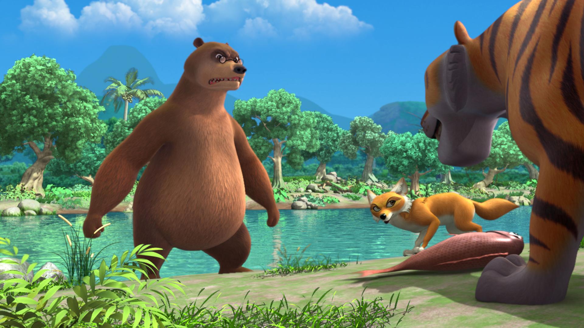 Balu und Shir Khan stehen sich angriffslustig gegenüber. Zwischen ihnen liegt ein Fisch auf der Erde. Schakal Tabaqui schaut zu.