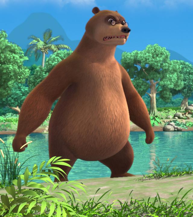 Balu und Shir Khan stehen sich angriffslustig gegenüber. Zwischen ihnen liegt ein Fisch auf der Erde. Schakal Tabaqui schaut zu.