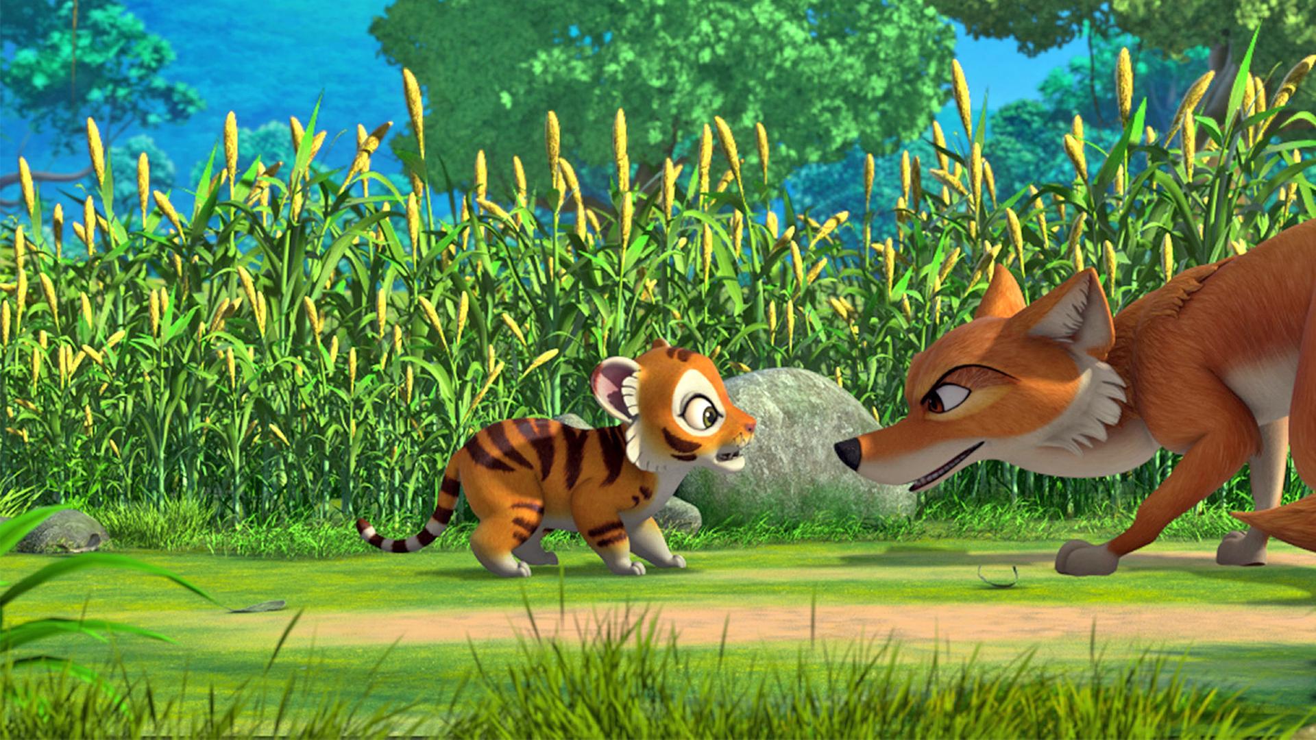Der kleine Tiger Chota steht Tabaqui gegenüber. Der Tiger wirkt verängstigt, Tabaqui sieht gefährlich und listig aus.