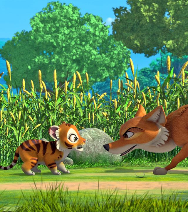Der kleine Tiger Chota steht Tabaqui gegenüber. Der Tiger wirkt verängstigt, Tabaqui sieht gefährlich und listig aus.