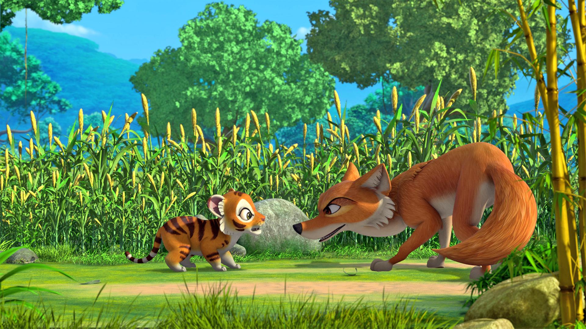 Der kleine Tiger Chota steht Tabaqui gegenüber. Der Tiger wirkt verängstigt, Tabaqui sieht gefährlich und listig aus.