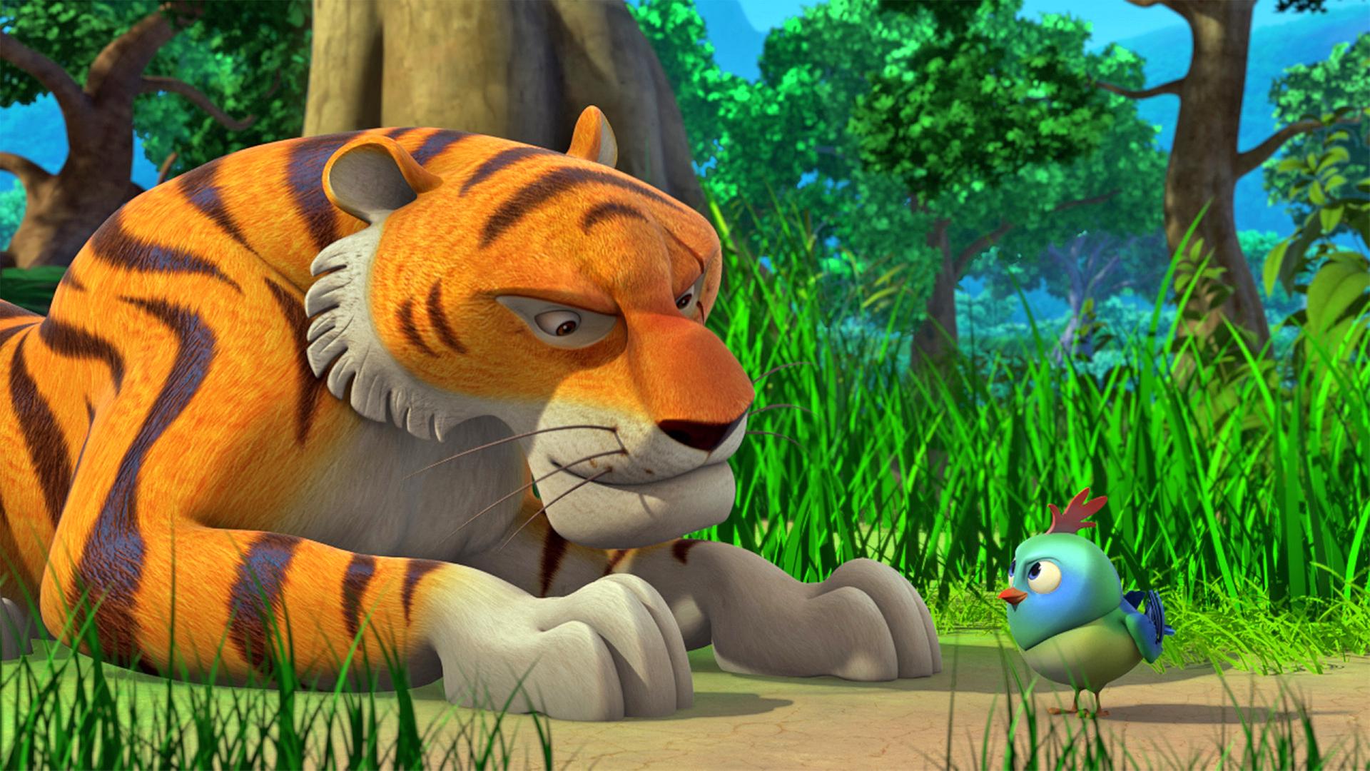 Shir Khan schaut den frisch geschlüpften Vogel Gugu an.