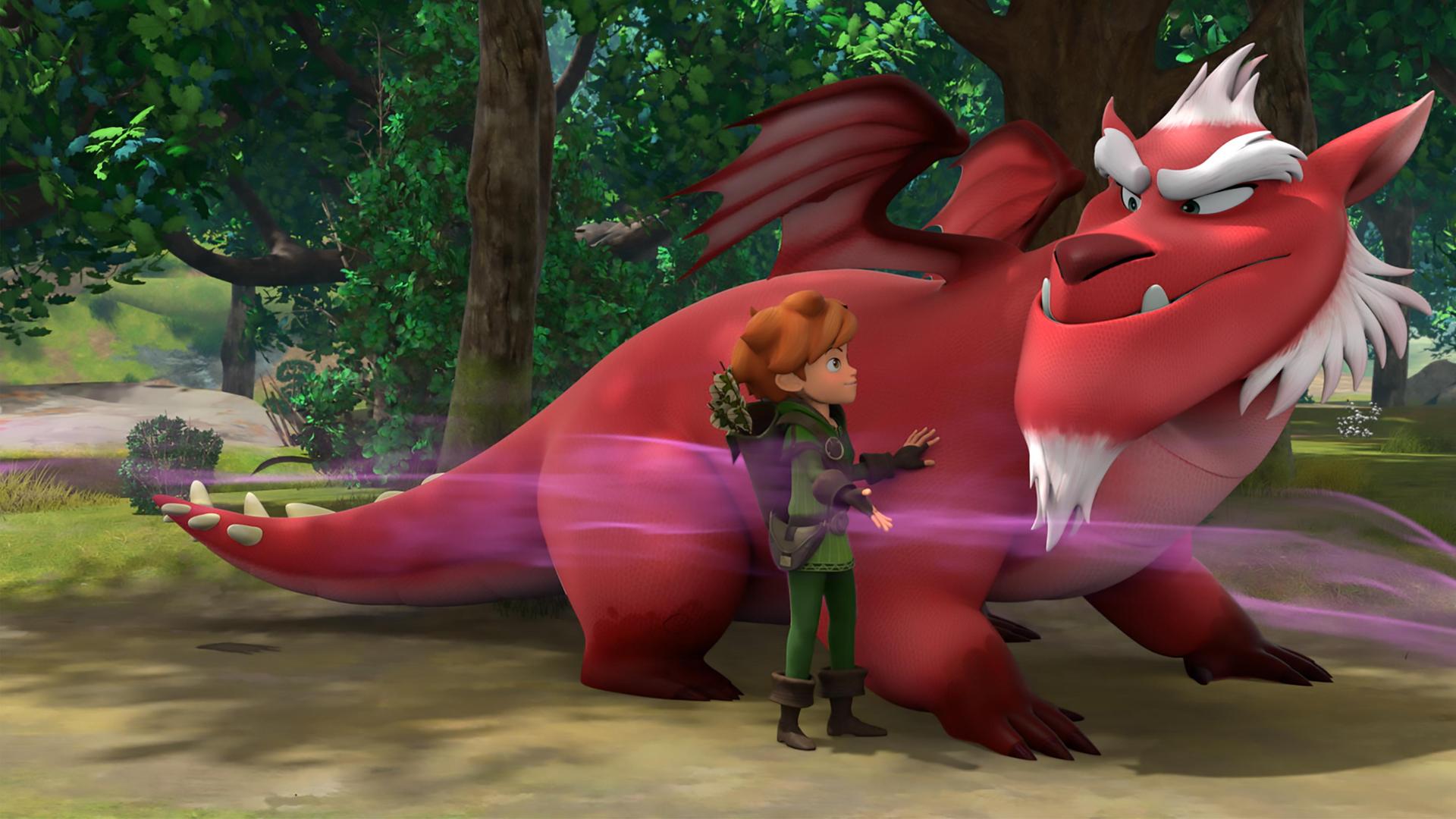 Auf einem Waldweg spricht Robin mit Drache Derke. Der große rote Drache blickt Robin seitlich über die Schulter an. Ein magentafarbener Nebel schwebt über den beiden.