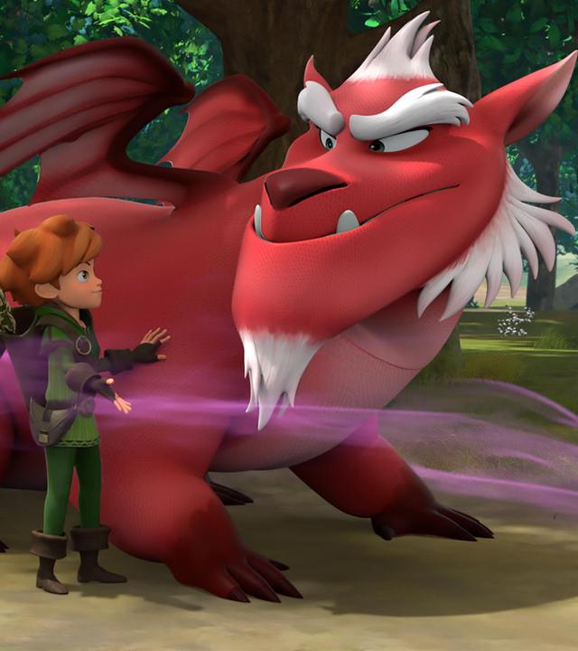 Auf einem Waldweg spricht Robin mit Drache Derke. Der große rote Drache blickt Robin seitlich über die Schulter an. Ein magentafarbener Nebel schwebt über den beiden.