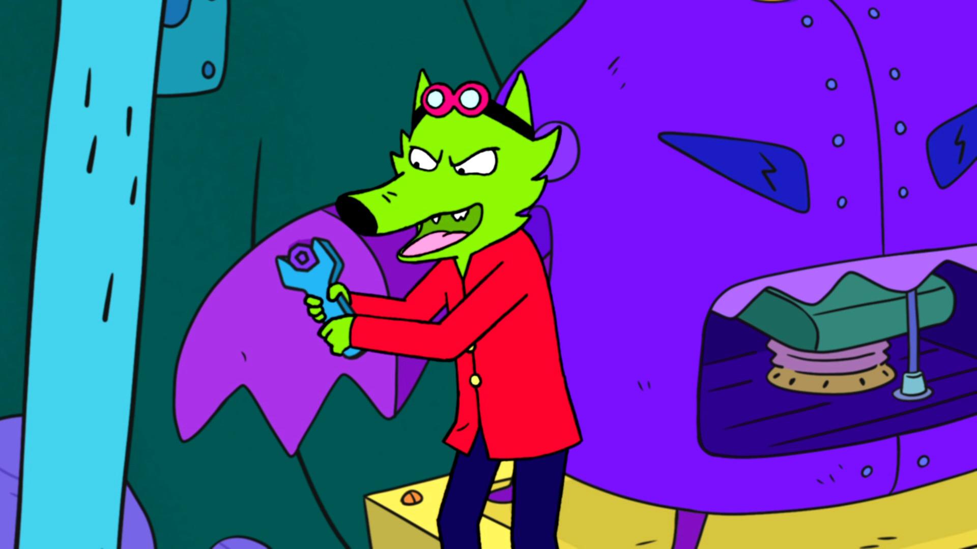 Professor Wolf hält mit beiden Händen einen Schraubenschlüssel fest. Mit diesem schraubt Professor Wolf hämisch blickend an einer großen Maschine herum.