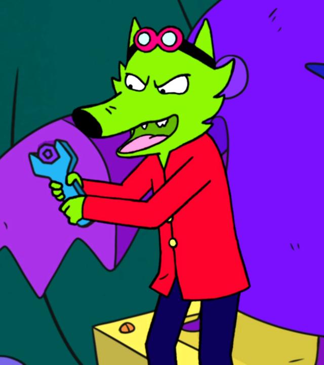 Professor Wolf hält mit beiden Händen einen Schraubenschlüssel fest. Mit diesem schraubt Professor Wolf hämisch blickend an einer großen Maschine herum.