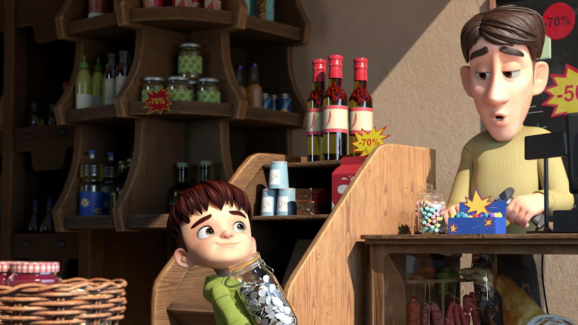 Kleiner Fuß steht im Dorfladen vor dem Verkäufer Herrn Moosmaier. Dabei hat er ein großes durchsichtiges Einmachglas, das voller silberner Münzen ist.