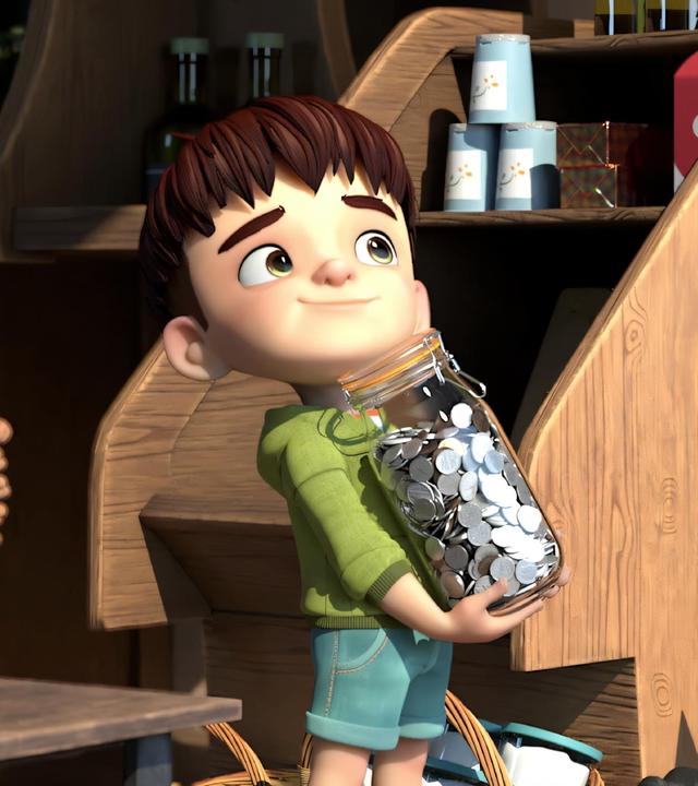 Kleiner Fuß steht im Dorfladen vor dem Verkäufer Herrn Moosmaier. Dabei hat er ein großes durchsichtiges Einmachglas, das voller silberner Münzen ist.