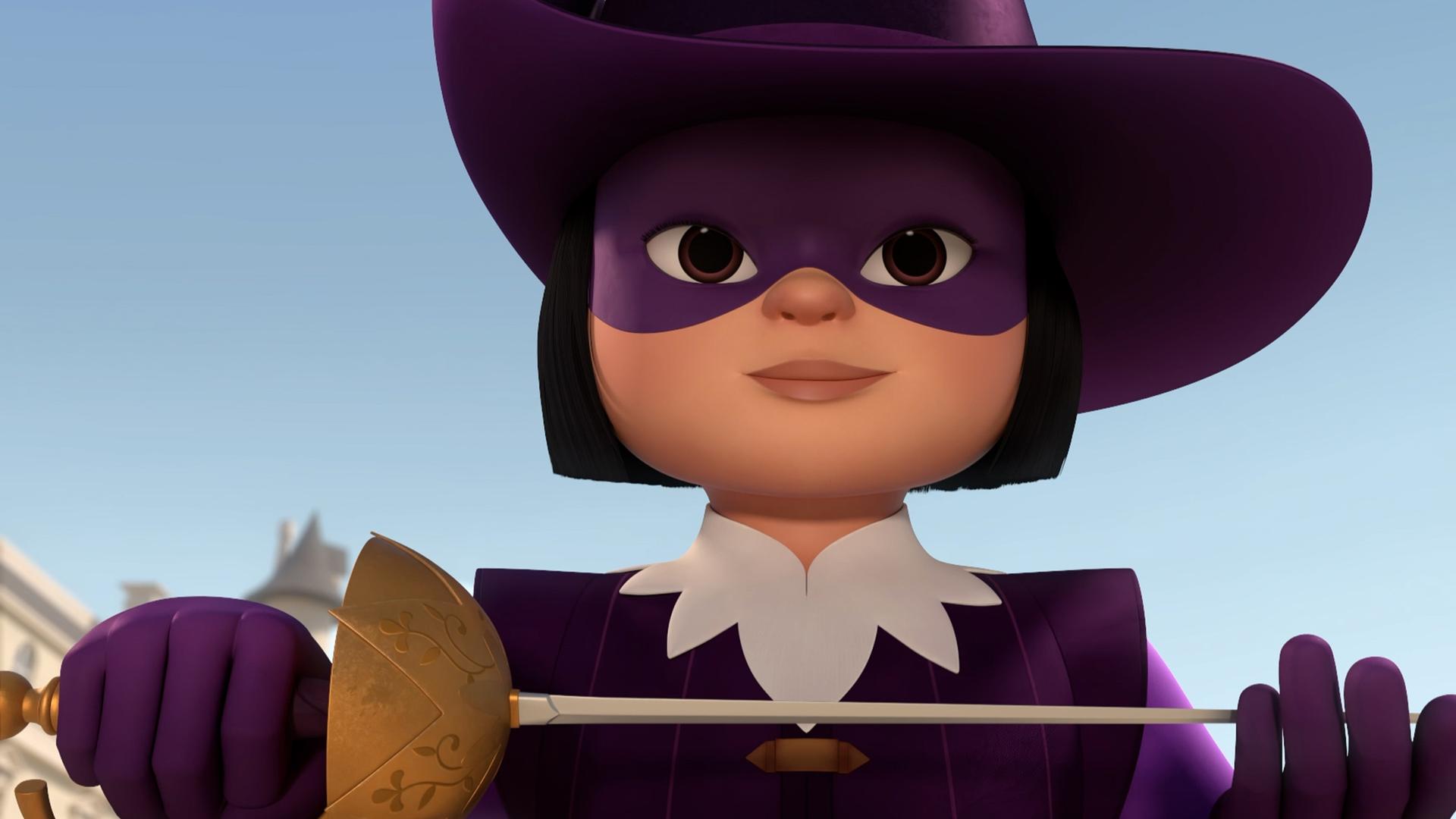 Nahaufnahme, Untersicht: Porthos hält mit stolzem und lächelndem Blick ihren Degen in beiden Händen waagrecht vor sich. Über ihr ist der blaue Himmel zu sehen.