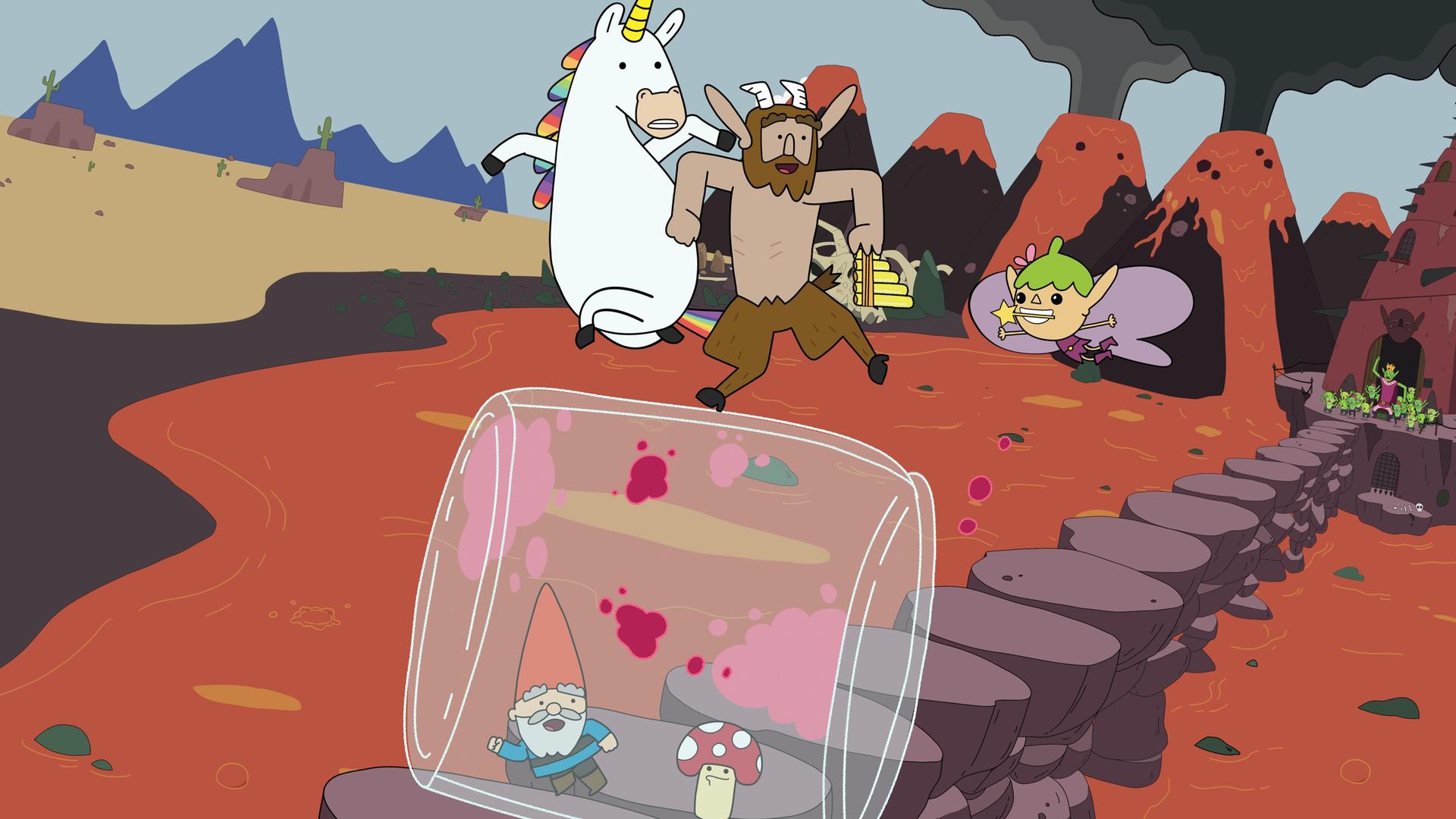 Im Vulkanreich des Koboldskönigs: Auf einem Steg, der über die flüssige Lavamasse führt, laufen Hufius und Blümchen auf einem leeren, nur mit pinken Restflecken behafteten, liegenden Marmeladenglas, das sie so über den Weg rollen. Innendrin im Marmeladenglas sind Herbert und Tupfen. Ganz klein und weit hinten, kaum noch zu erkennen, erhebt der Koboldkönig wütend seine Hand, um ihn herum stehen viele kleine Kobolde.