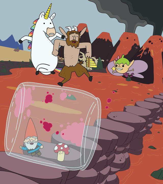 Im Vulkanreich des Koboldskönigs: Auf einem Steg, der über die flüssige Lavamasse führt, laufen Hufius und Blümchen auf einem leeren, nur mit pinken Restflecken behafteten, liegenden Marmeladenglas, das sie so über den Weg rollen. Innendrin im Marmeladenglas sind Herbert und Tupfen. Ganz klein und weit hinten, kaum noch zu erkennen, erhebt der Koboldkönig wütend seine Hand, um ihn herum stehen viele kleine Kobolde.