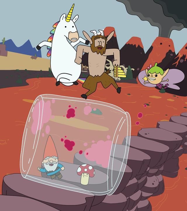 Im Vulkanreich des Koboldskönigs: Auf einem Steg, der über die flüssige Lavamasse führt, laufen Hufius und Blümchen auf einem leeren, nur mit pinken Restflecken behafteten, liegenden Marmeladenglas, das sie so über den Weg rollen. Innendrin im Marmeladenglas sind Herbert und Tupfen. Ganz klein und weit hinten, kaum noch zu erkennen, erhebt der Koboldkönig wütend seine Hand, um ihn herum stehen viele kleine Kobolde.