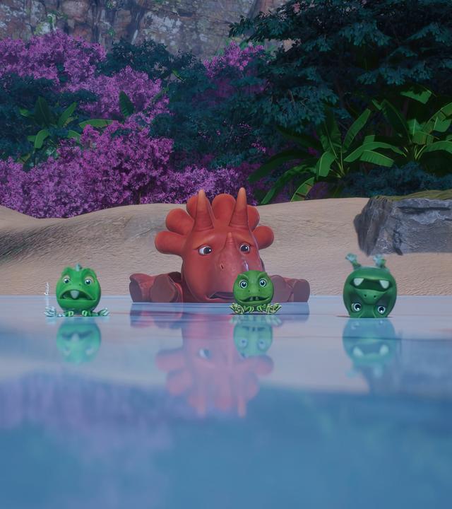 Ginger liegt flach auf einem zugefrorenen See. Vor ihr rutschen die drei Erbs-Rexe auf der Eisoberfläche herum. Einer sogar auf dem Kopf.