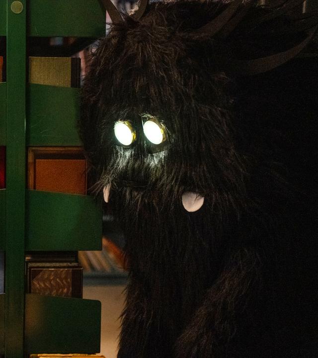 In der Bibliothek der Schule schaut Jenny an ein Bücherregal gelehnt und mit ungläubigem Blick auf ein zotteliges Wesen mit leuchtenden Augen, das vor ihr steht.