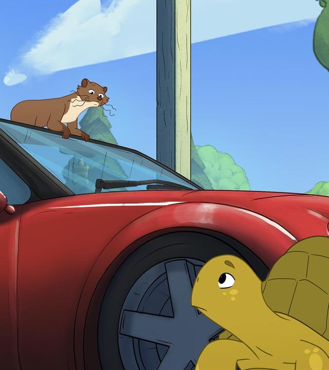 Unter blauem Himmel und mit Bäumen im Hintergrund sitzt der kleine braune Marder Kevin auf dem Dach eines roten Sportwagens. Das Auto steht in einem Carport mit Holzpfosten geparkt. Die grüne Schildkröte Törtel sitzt unten und schaut besorgt zu Kevin herauf.