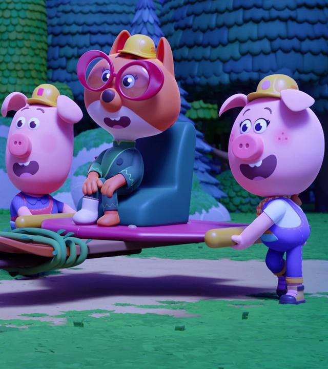 Die drei Werkel-Ferkel tragen eine Art selbstgebaute Sänfte. Darin sitzt die Füchsin Fiona mit ihrer großen, roten Bille. Sie hat einen Verband am Bein. Sie alle sind überrascht, haben die Münder fragend aufgerissen. Es ist dunkel, der Himmel ist dunkel-lila gefärbt, wir sehen kleine Punkte am Himmel leuchten.