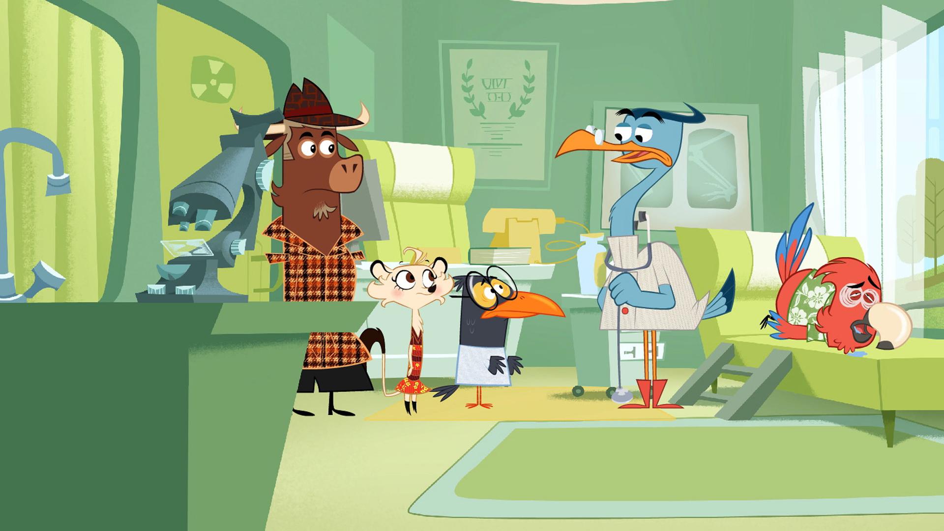 Dem Radio-Papagei geht es gar nicht gut. Er muss ständig niesen. Dr. Schnabelmann redet mit Sherlock Yack, während der Papagei auf einer Liege liegt.