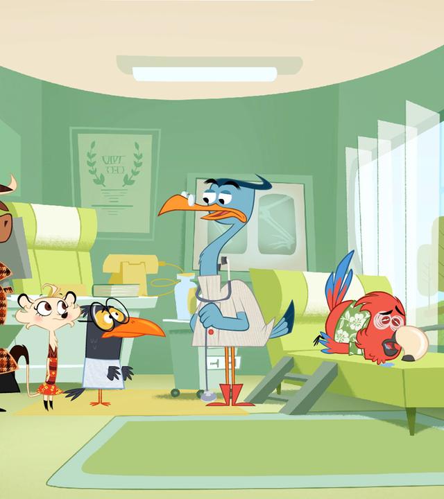 Dem Radio-Papagei geht es gar nicht gut. Er muss ständig niesen. Dr. Schnabelmann redet mit Sherlock Yack, während der Papagei auf einer Liege liegt.