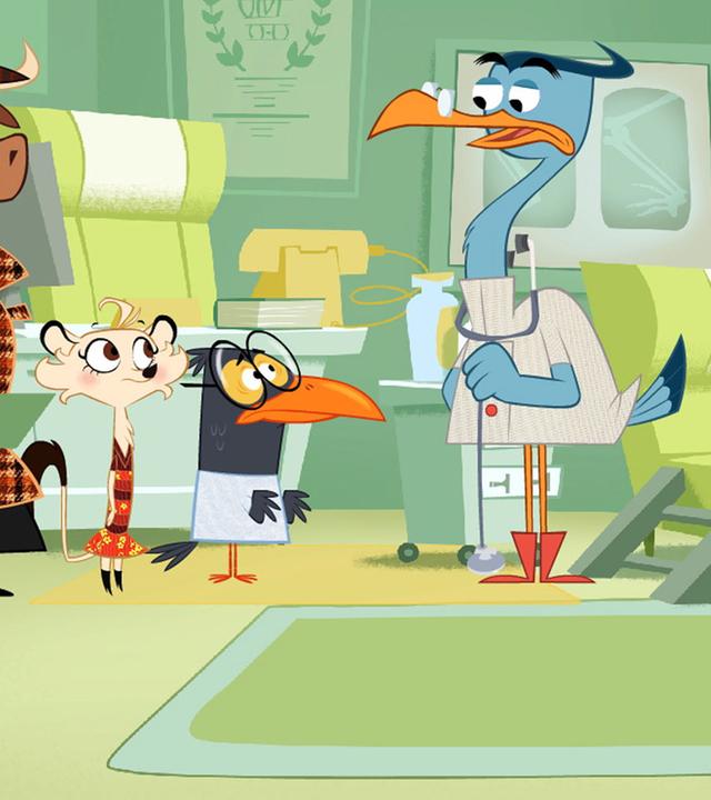 Dem Radio-Papagei geht es gar nicht gut. Er muss ständig niesen. Dr. Schnabelmann redet mit Sherlock Yack, während der Papagei auf einer Liege liegt.