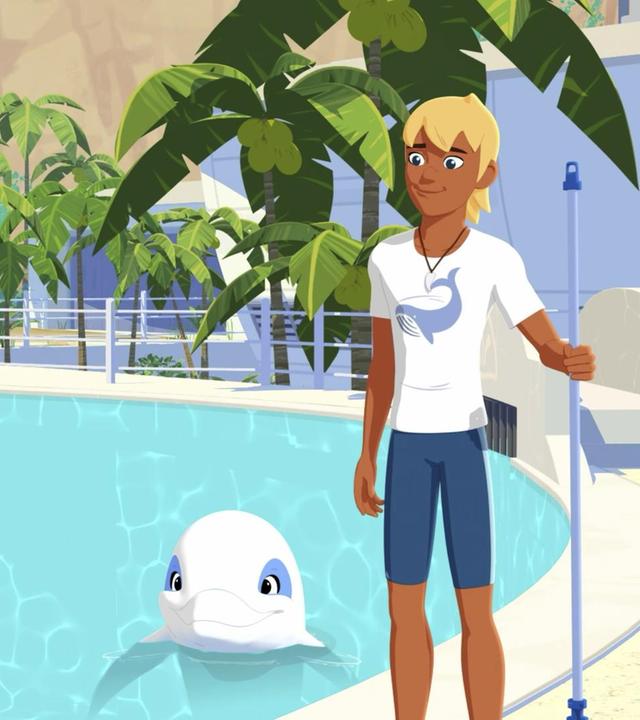 Yann steht mit einem Schrubber in der linken Hand neben dem Schwimmbecken. Zoom schwimmt darin. Beide schauen auf eine Mitarbeiterin des Meeresinstituts, die uns den Rücken zukehrt.