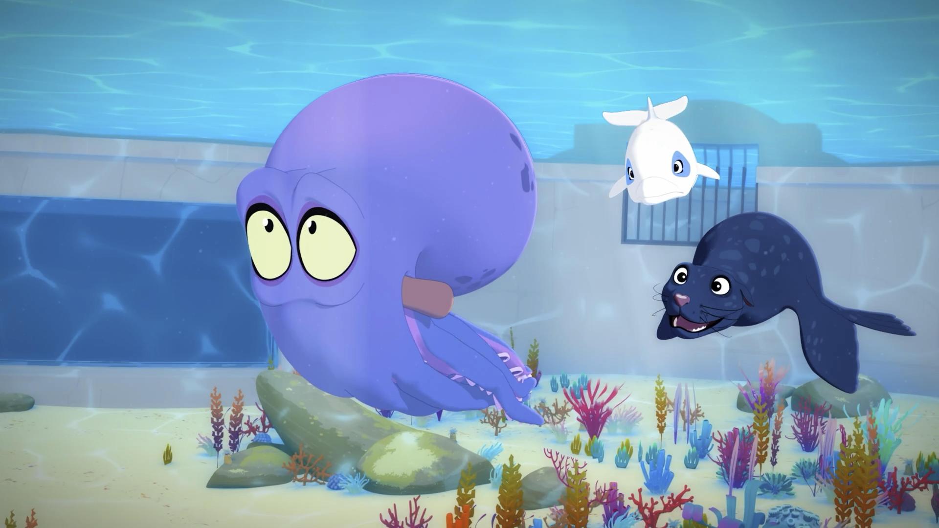 Tintenfisch Bobby schwimmt unter Wasser, gefolgt von Seehündin Daisy und Delfin Zoom.