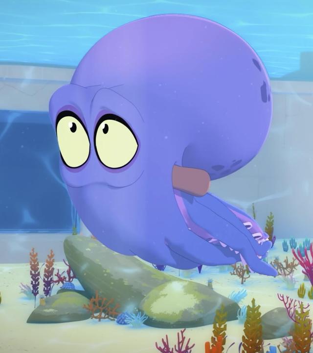 Tintenfisch Bobby schwimmt unter Wasser, gefolgt von Seehündin Daisy und Delfin Zoom.