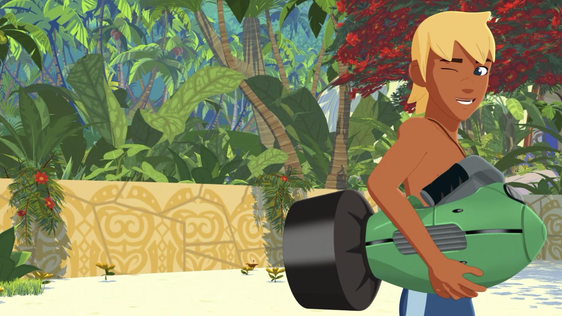 Yann hat seine Erfindung unter den Arm geklemmt und zwinkert in die Kamera. Er ist alleine am Strand.