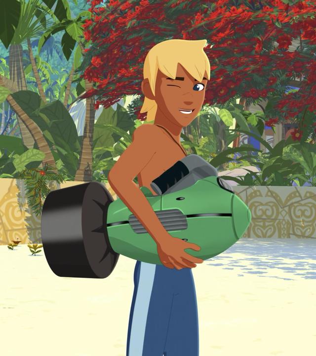 Yann hat seine Erfindung unter den Arm geklemmt und zwinkert in die Kamera. Er ist alleine am Strand.